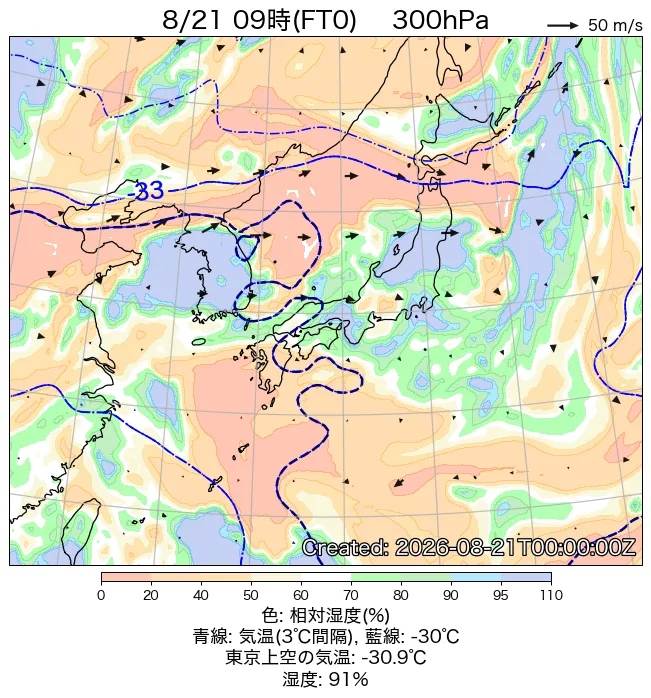 2026年8月21日の日本周辺の300hPa天気図（9時）