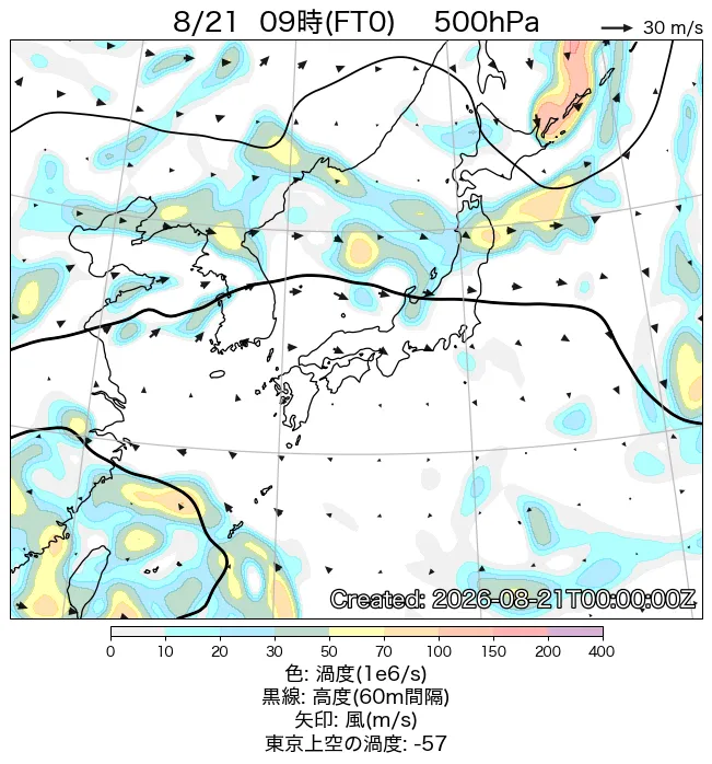2026年8月21日の日本周辺の500hPa天気図（9時）