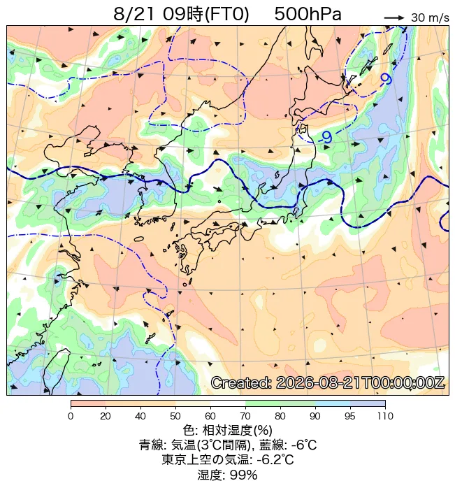 2026年8月21日の日本周辺の500hPa天気図（9時）