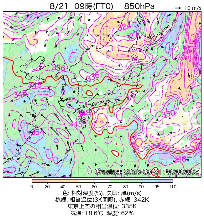 2026年8月21日の日本周辺の850hPa天気図（9時）