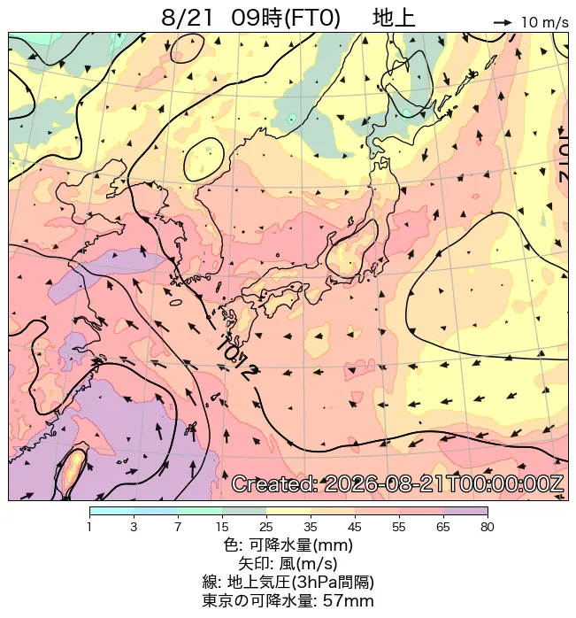 2026年8月21日の日本周辺の地上天気図（9時）