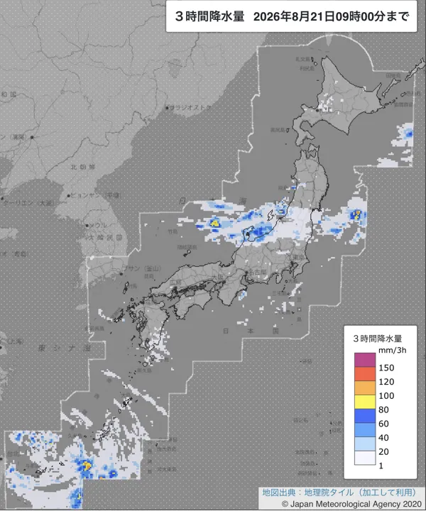2026年8月21日6〜9時の日本周辺の3時間解析降水量