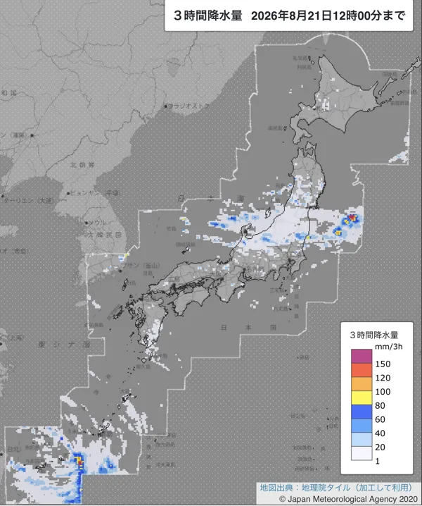 2026年8月21日9〜12時の日本周辺の3時間解析降水量