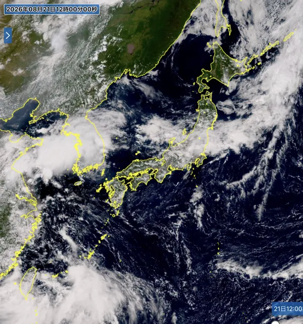 2026年8月21日12時の日本周辺の衛星可視画像