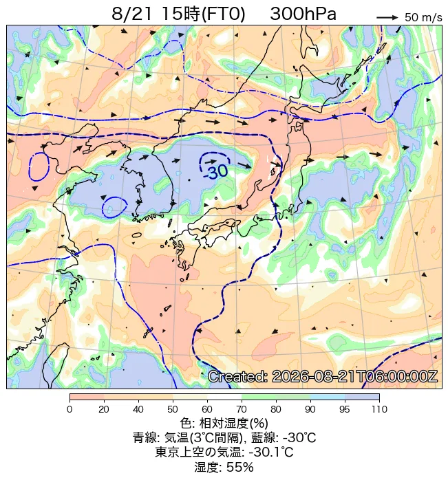 2026年8月21日の日本周辺の300hPa天気図（15時）