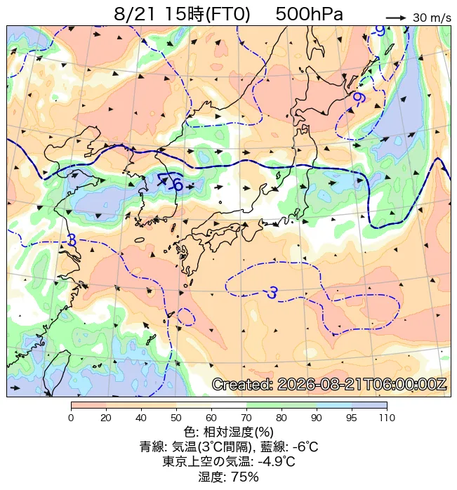 2026年8月21日の日本周辺の500hPa天気図（15時）