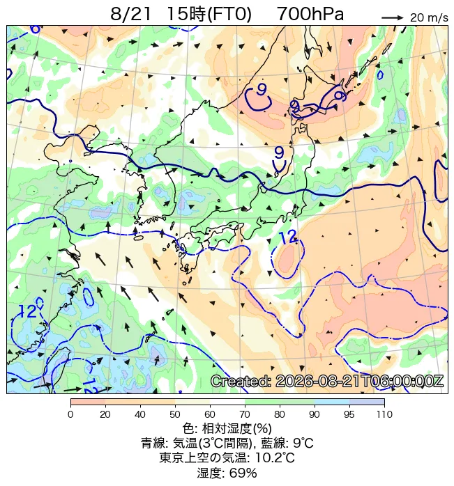 2026年8月21日の日本周辺の700hPa天気図（15時）