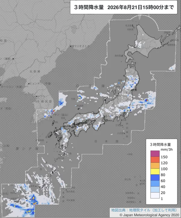 2026年8月21日12〜15時の日本周辺の3時間解析降水量
