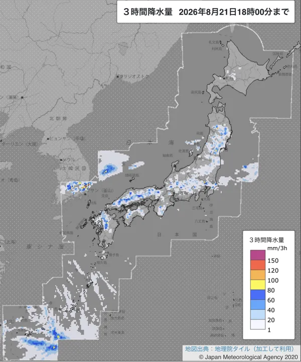 2026年8月21日15〜18時の日本周辺の3時間解析降水量
