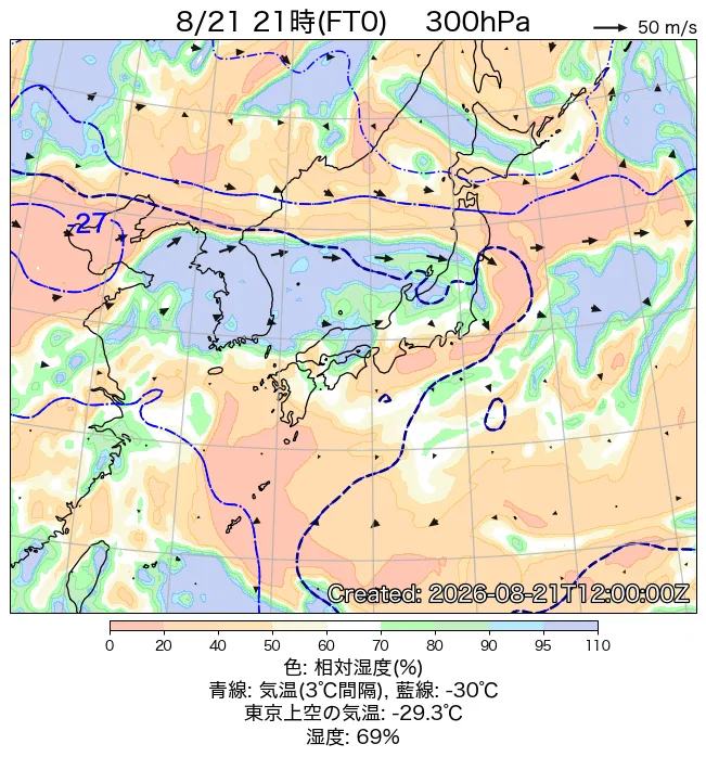 2026年8月21日の日本周辺の300hPa天気図（21時）