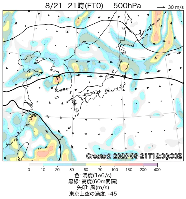 2026年8月21日の日本周辺の500hPa天気図（21時）