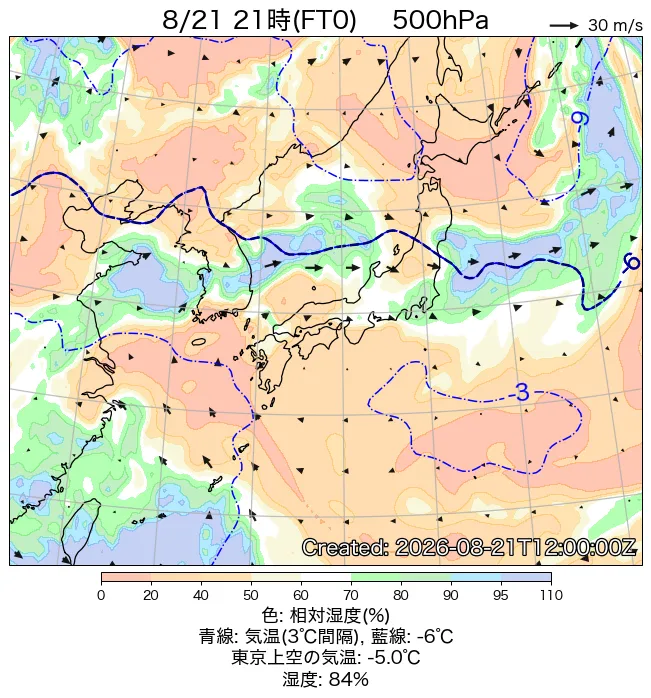 2026年8月21日の日本周辺の500hPa天気図（21時）