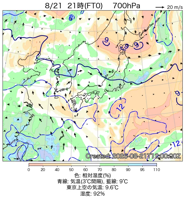 2026年8月21日の日本周辺の700hPa天気図（21時）
