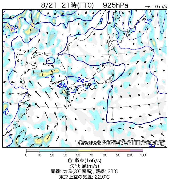 2026年8月21日の日本周辺の925hPa天気図（21時）