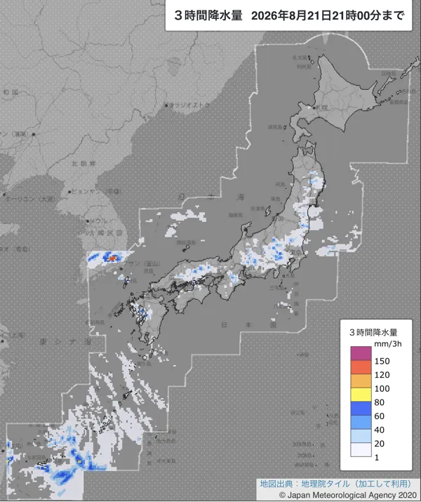 2026年8月21日18〜21時の日本周辺の3時間解析降水量