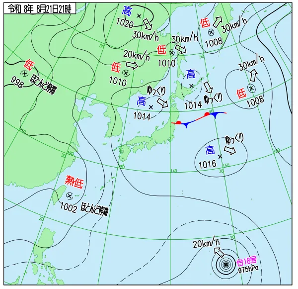 2026年8月21日21時の速報天気図