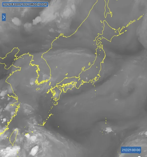 2026年8月21日21時の日本周辺の衛星水蒸気画像