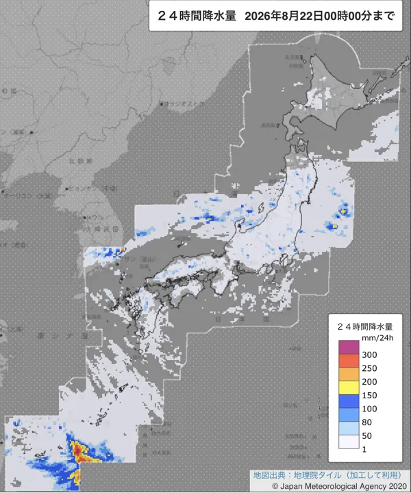 2026年8月21日の日本周辺の日解析雨量の図