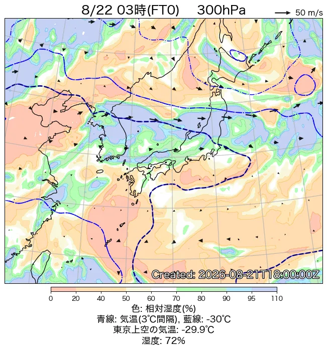 2026年8月22日の日本周辺の300hPa天気図（3時）