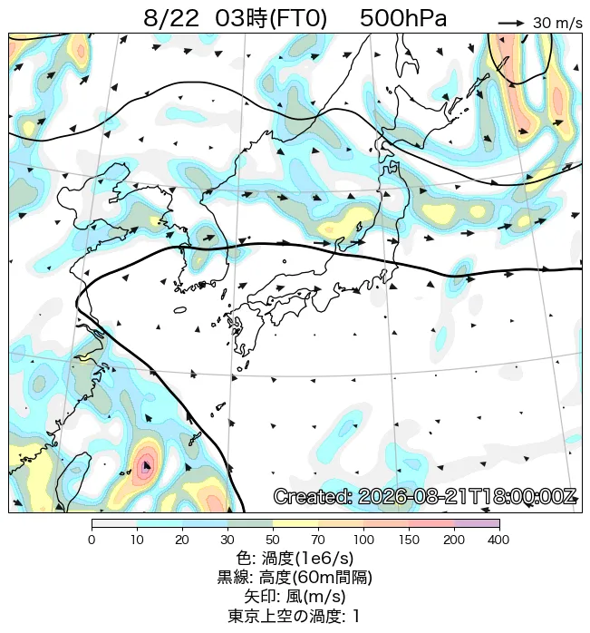 2026年8月22日の日本周辺の500hPa天気図（3時）