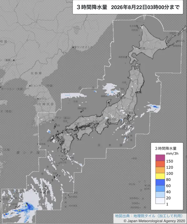 2026年8月22日0〜3時の日本周辺の3時間解析降水量