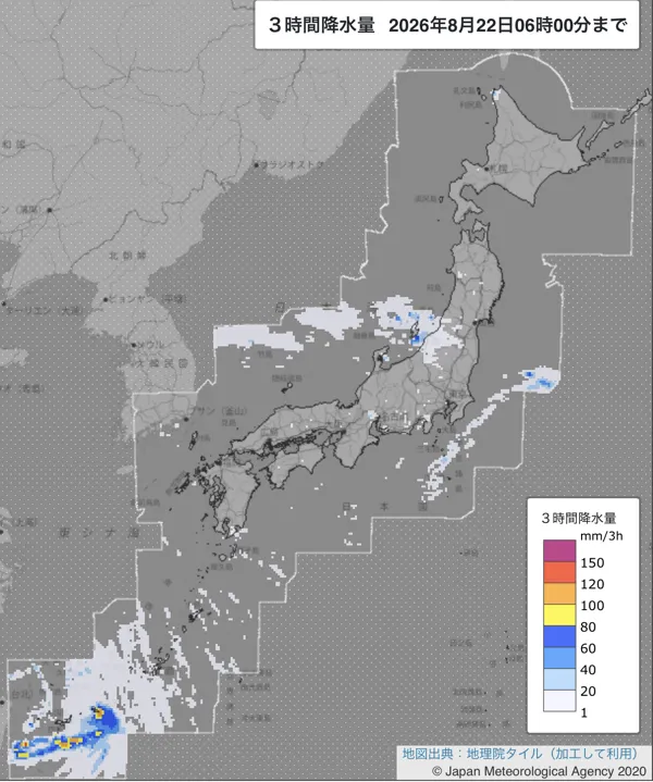 2026年8月22日3〜6時の日本周辺の3時間解析降水量