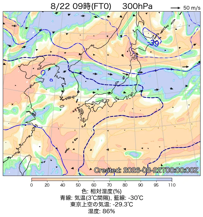 2026年8月22日の日本周辺の300hPa天気図（9時）