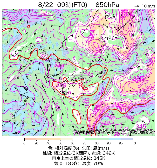 2026年8月22日の日本周辺の850hPa天気図（9時）