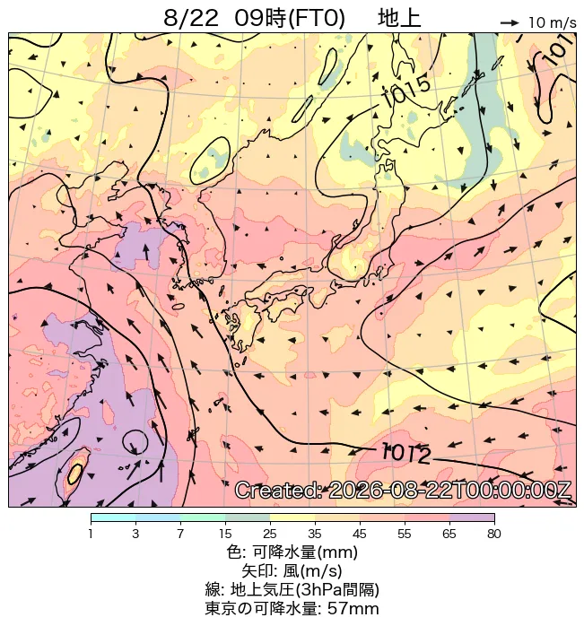 2026年8月22日の日本周辺の地上天気図（9時）