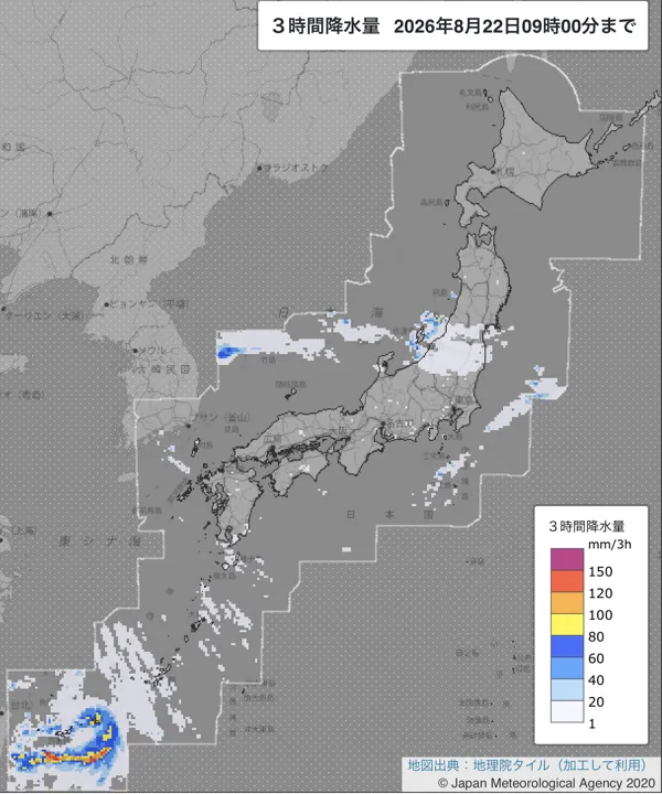 2026年8月22日6〜9時の日本周辺の3時間解析降水量