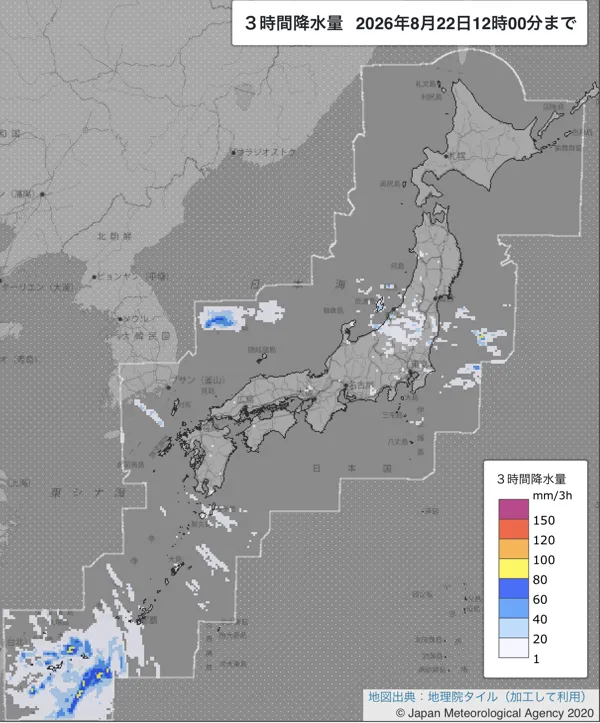 2026年8月22日9〜12時の日本周辺の3時間解析降水量