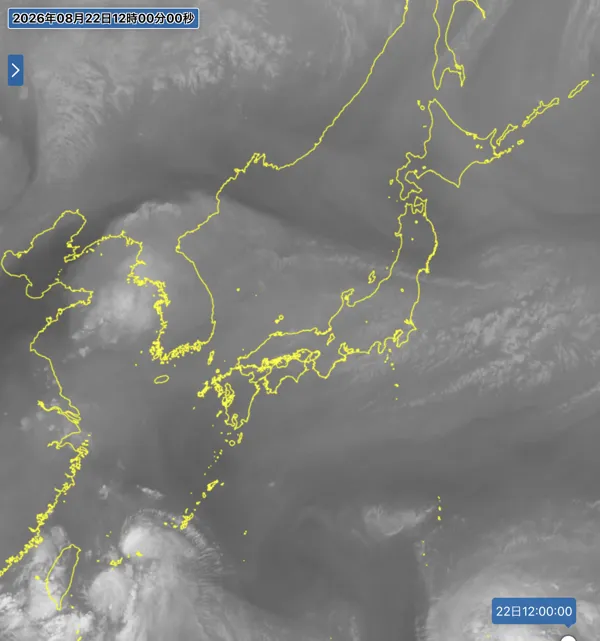 2026年8月22日12時の日本周辺の衛星水蒸気画像