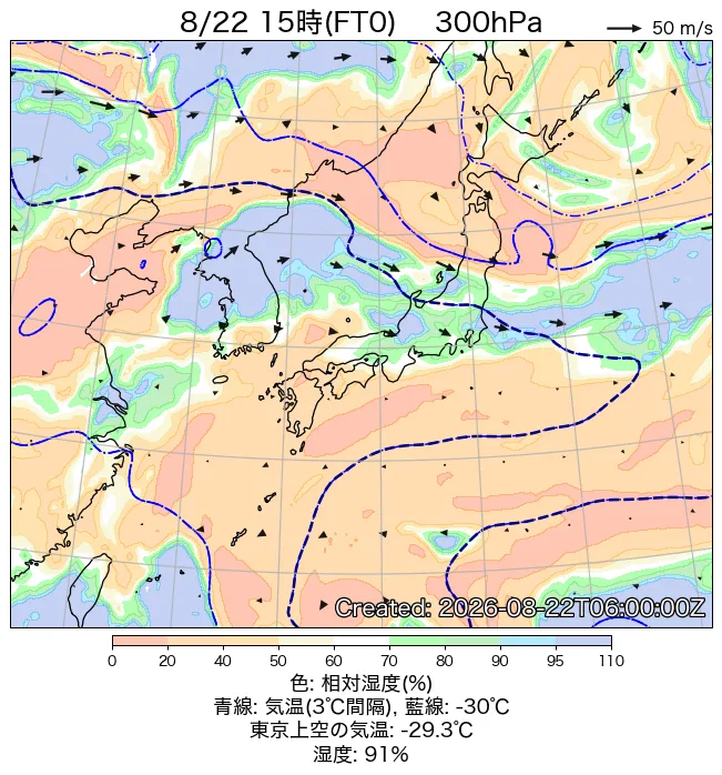 2026年8月22日の日本周辺の300hPa天気図（15時）
