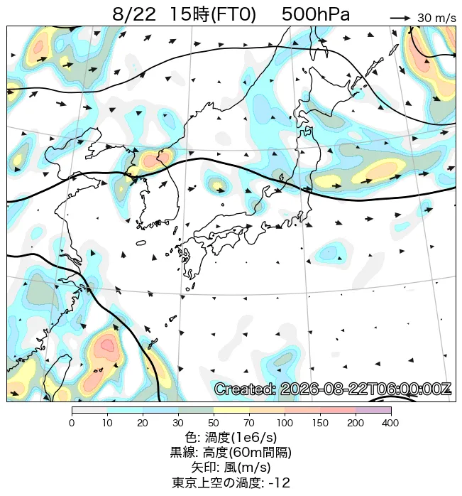 2026年8月22日の日本周辺の500hPa天気図（15時）