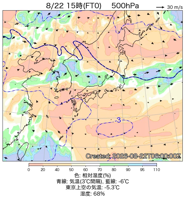 2026年8月22日の日本周辺の500hPa天気図（15時）