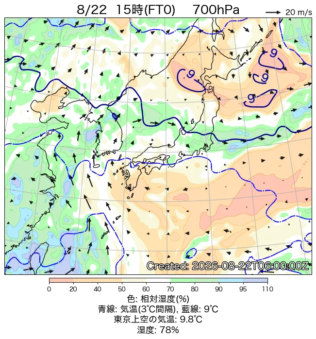 2026年8月22日の日本周辺の700hPa天気図（15時）