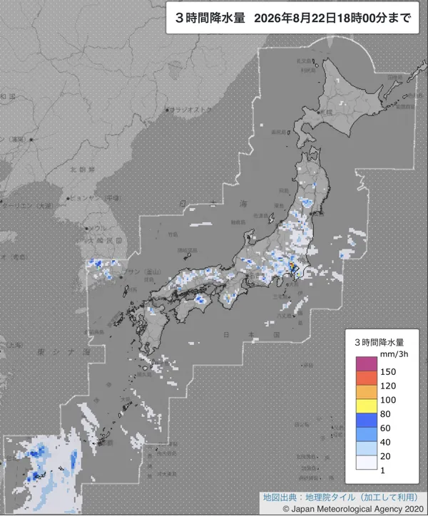 2026年8月22日15〜18時の日本周辺の3時間解析降水量
