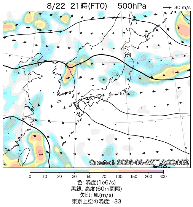 2026年8月22日の日本周辺の500hPa天気図（21時）
