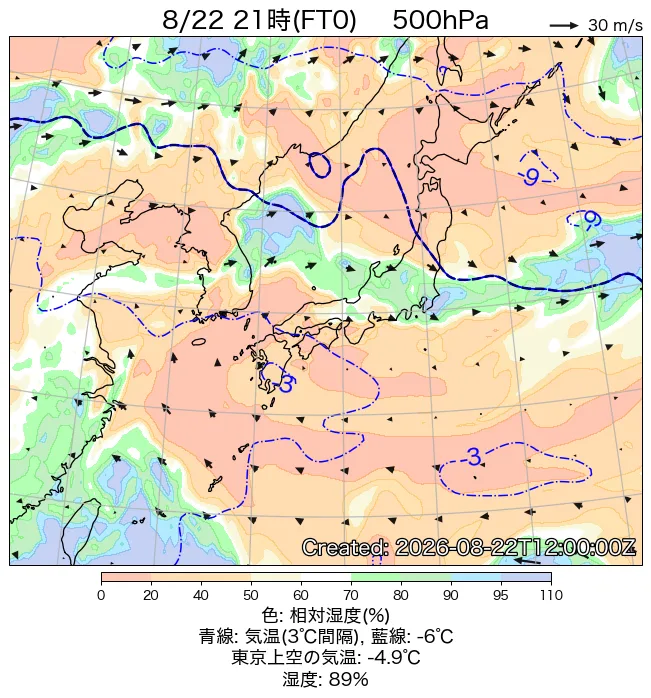 2026年8月22日の日本周辺の500hPa天気図（21時）