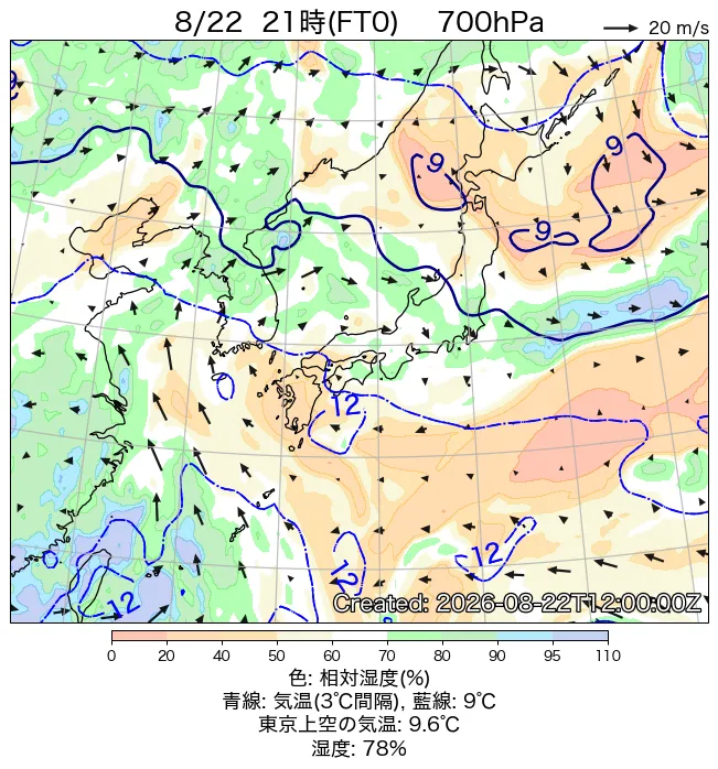2026年8月22日の日本周辺の700hPa天気図（21時）