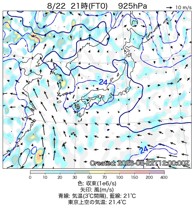2026年8月22日の日本周辺の925hPa天気図（21時）