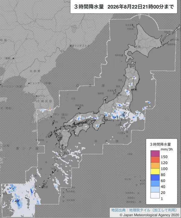 2026年8月22日18〜21時の日本周辺の3時間解析降水量