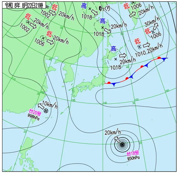 2026年8月22日21時の速報天気図