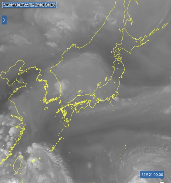 2026年8月22日21時の日本周辺の衛星水蒸気画像