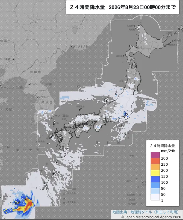 2026年8月22日の日本周辺の日解析雨量の図