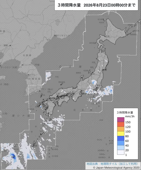 2026年8月22日21〜24時の日本周辺の3時間解析降水量