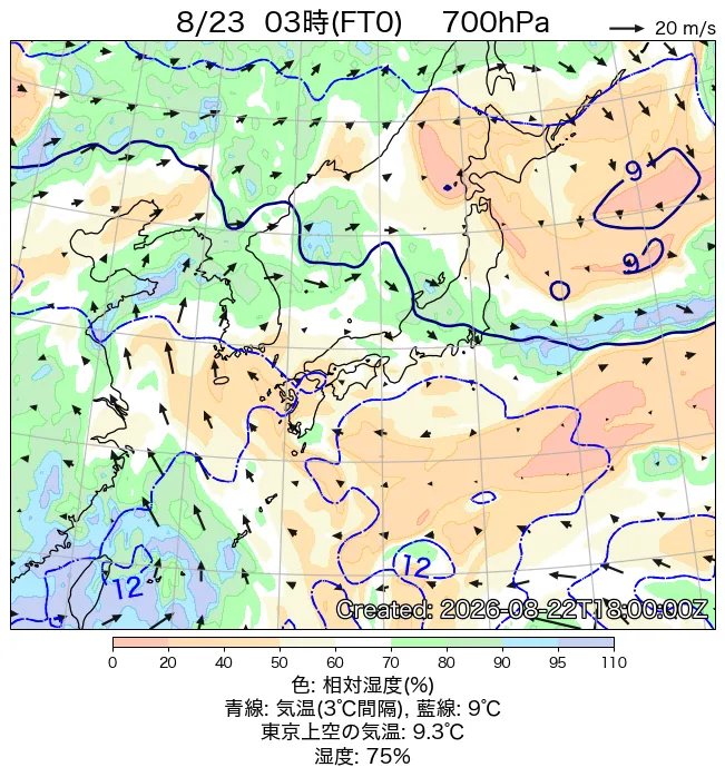 2026年8月23日の日本周辺の700hPa天気図（3時）