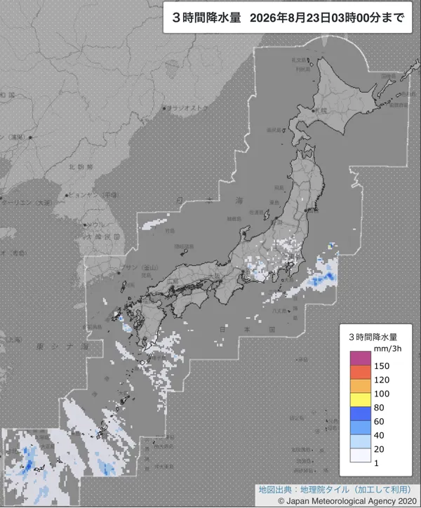 2026年8月23日0〜3時の日本周辺の3時間解析降水量