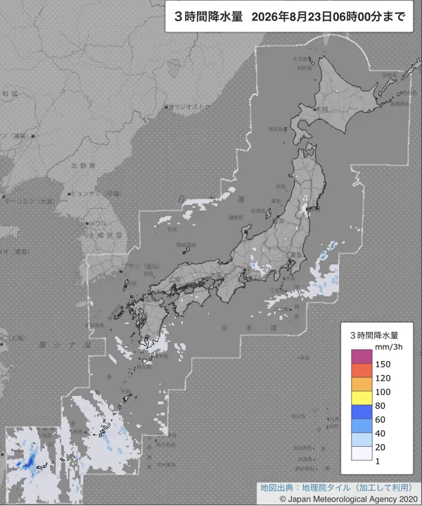 2026年8月23日3〜6時の日本周辺の3時間解析降水量