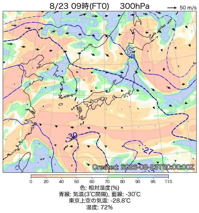 2026年8月23日の日本周辺の300hPa天気図（9時）